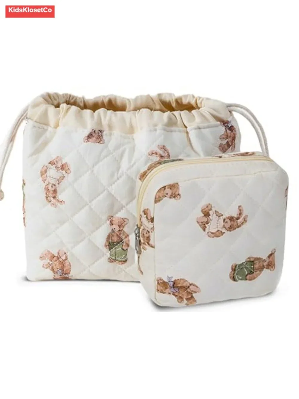 Quilted Canvas 2-Piece Travel Pouch Set with Teddy Bear Design